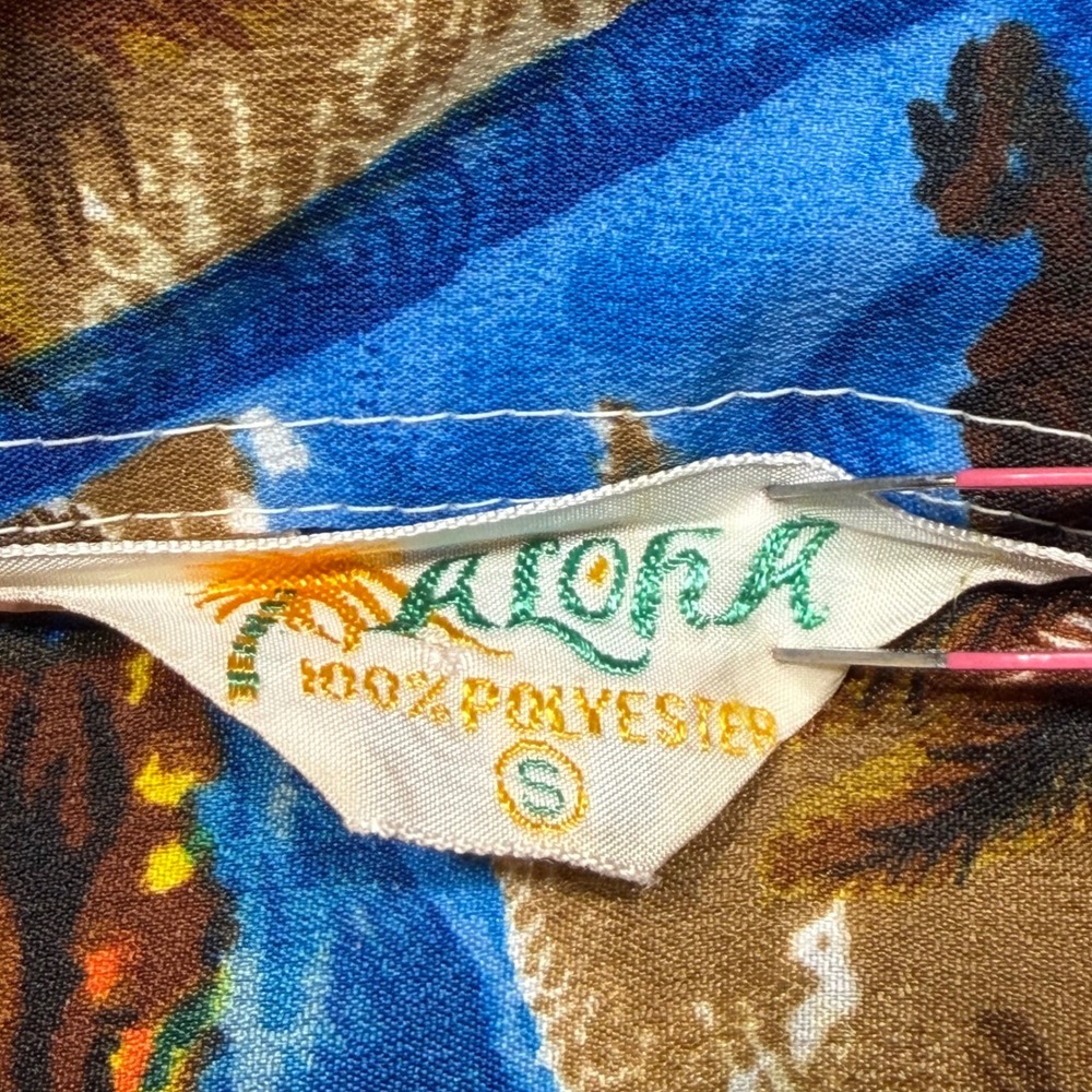Vintage 70s Aloha Hawaiian‎ Shirt Small Brown Blue Tropical Surfer Polyester - Picture 5 of 6